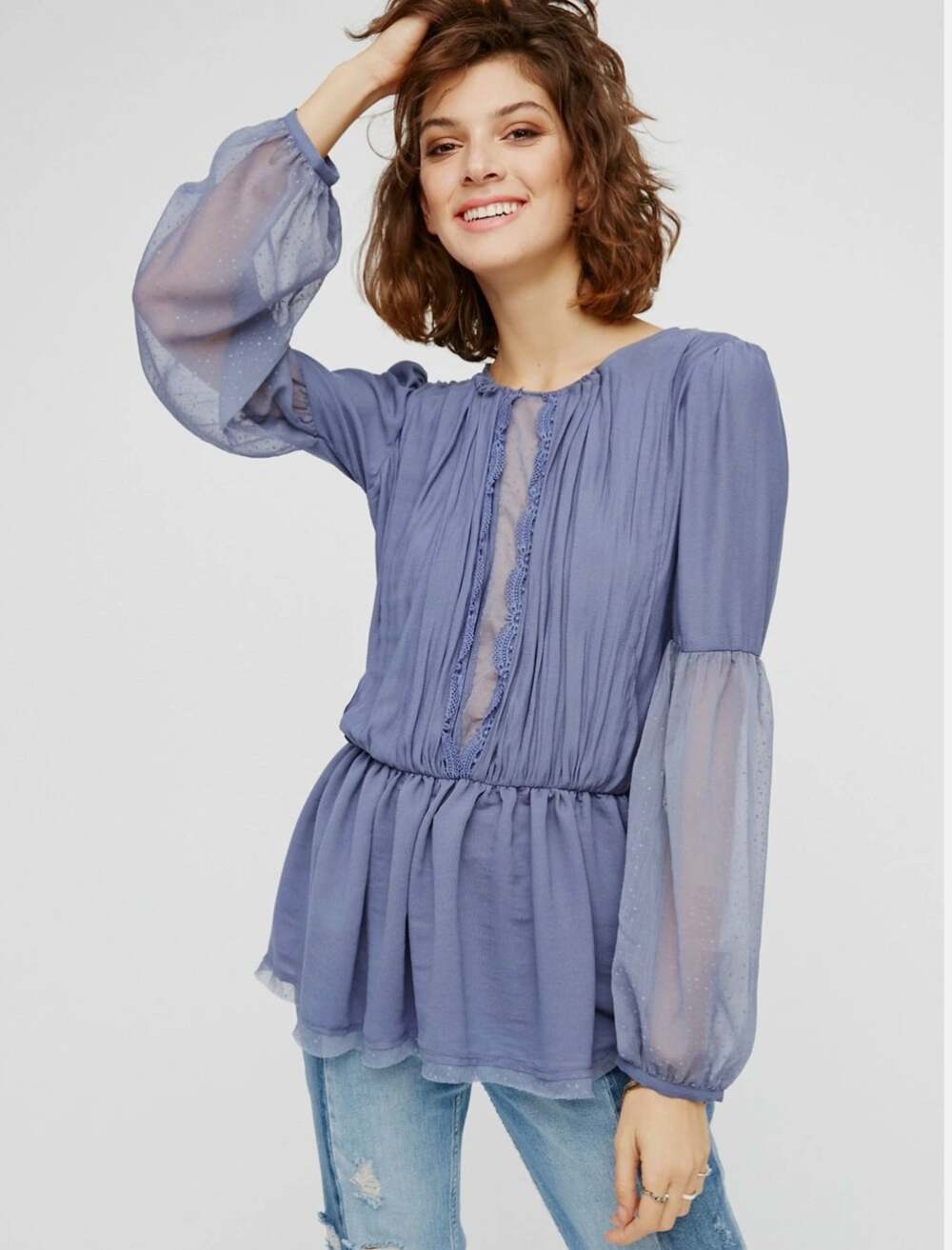 Free People The Soul Serene Blue Long Sleeve Blouse Size Large
